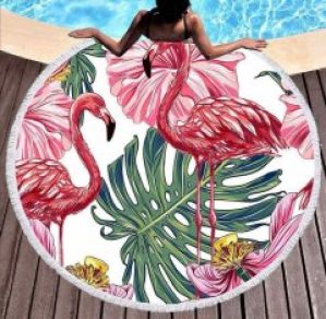 Пляжное круглое полотенце Фламинго с бахромой покрывало подстилка коврик каримат для пляжа и для дома с микрофиброй на 2 человека диаметр 150 см BR-10
