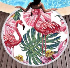 Пляжное круглое полотенце Фламинго с бахромой покрывало подстилка коврик каримат для пляжа и для дома с микрофиброй на 2 человека диаметр 150 см BR-10