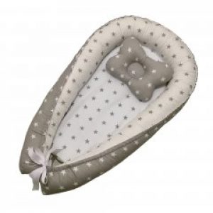 Кокон гнездышко позиционер для малышей Сладкий Сон с кокосовым матрасиком и подушкой "Звезды класические"Серый