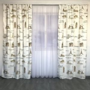 Готовые шторы с коричневым принтом "города" 150x270 cm (2 шт) ALBO Бежевые (SH-620-3)