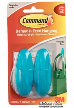 Дизайн крючок 3M Command средний 1.35 кг 2 крючка 4 полоски Бирюзовый (17081-VT)
