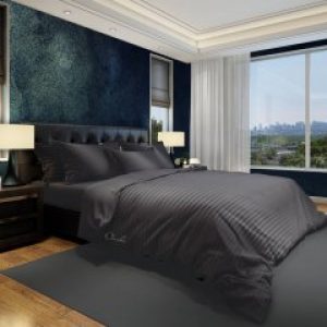 Комплект постельного белья Облака Сатин +Страйп Сатин Полуторный Комбинированный Графитовый