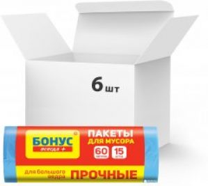 Упаковка пакетов для мусора Бонус 60 л 6 шт по 15 пакетов Синих (16100510_16100540)