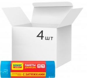 Упаковка пакетов для мусора Бонус HD с затяжкой 35 л 4 пачки по 15 шт Синие (16104150)