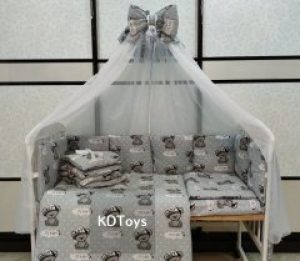 Набор постельного белья Вилюта в детскую кроватку серый мишки с бортиками 12 подушечек - Бампер / Защита в кроватку