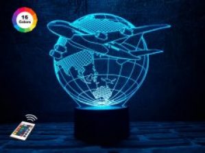 3D ночник "Самолет 3" (УВЕЛИЧЕННОЕ ИЗОБРАЖЕНИЕ) подарочная упаковка + 16 цветов + пульт ДУ + сетевой адаптер + батарейки (3ААА)  3DTOYSLAMP