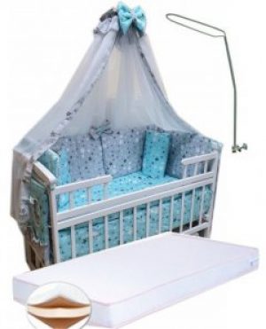 Набор в кроватку с матрасом "Элит". Бельё 14 элементов + матрас кокос 11 см + держатель "Cерый + бирюзовый звезды"