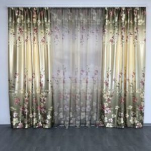Шторы с цветами плотные атласные 150x270 cm (2 шт) с тюлем 400x270 cm (1 шт) ALBO Оливковые (SHT-157-1)