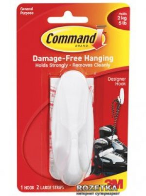 Дизайн крючок 3M Command большой 2.25 кг 1 крючок 2 полоски Белый (17083)