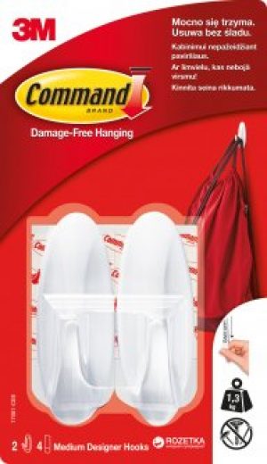 Дизайн крючок 3M Command средний 1.35 кг 2 крючка 4 полоски Белый (17081)